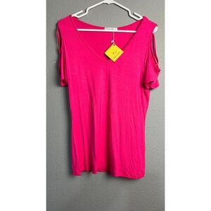 Herlollychips Womens Hot Pink Cold Shoulder V-Neck Short Sleeve Top XL NWT